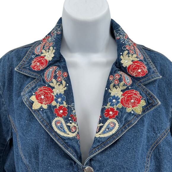 Gordon James Jean Jacket Sz XL Dark Wash Denim Floral Paisley Embroidered Blazer - Picture 4 of 12